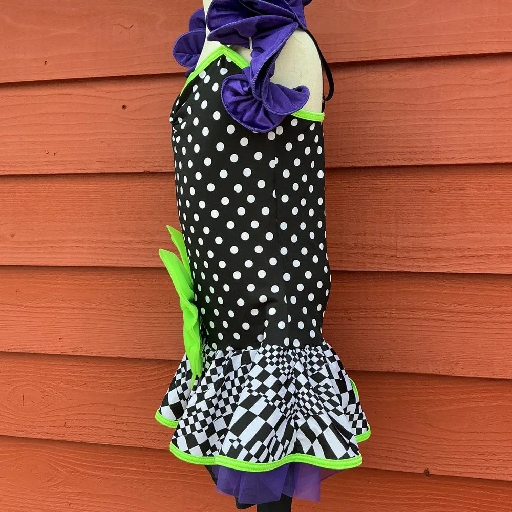Weissman Dance Leotard Kids SA Black White Polka Dot Checkered Ruffle Costume